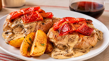 Chuletón en greda al vino tinto con champiñones a la crema