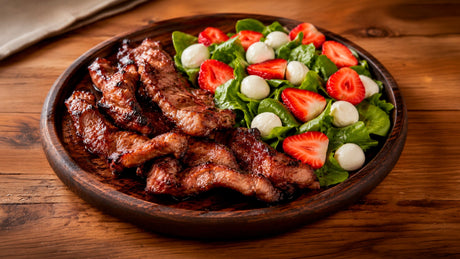 Ensalada con frutillas y entraña de cerdo