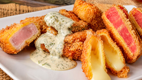 Solomillo cerdo apanado con quesos fritos y Camembert