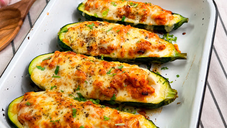 Zapallitos gratinados con queso y cerdo